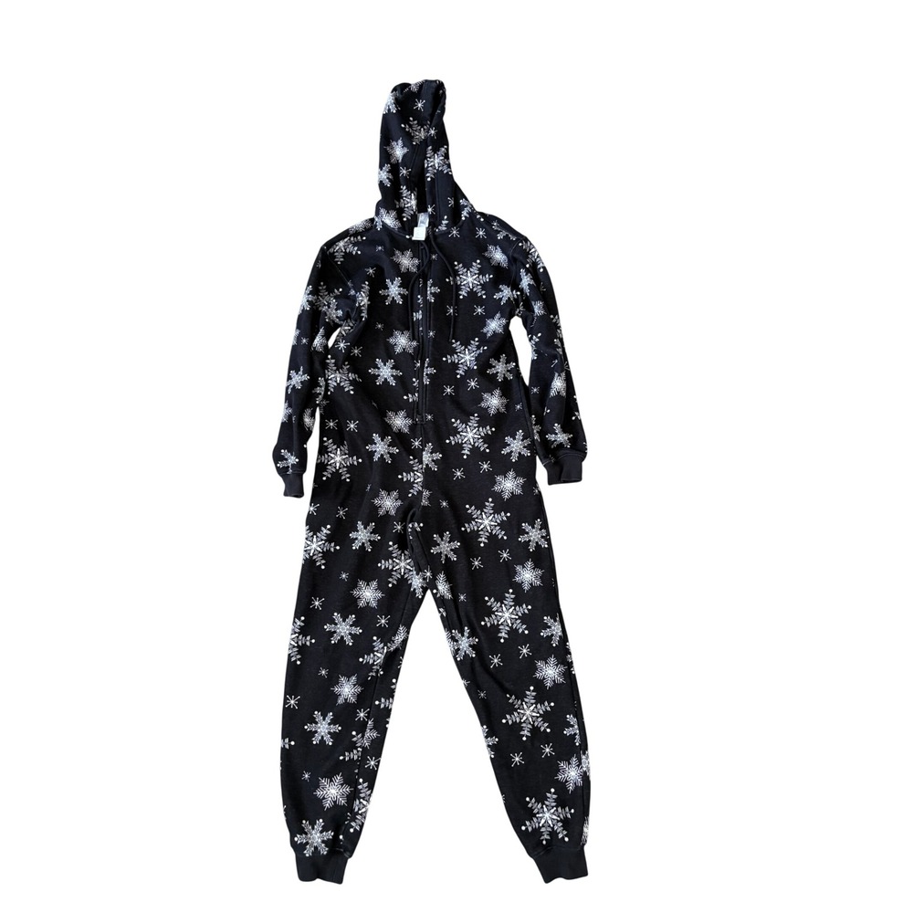 Fabletics One Piece Pajamas Womens XXS Snowflake Hood Black Fleece Lined Onesie